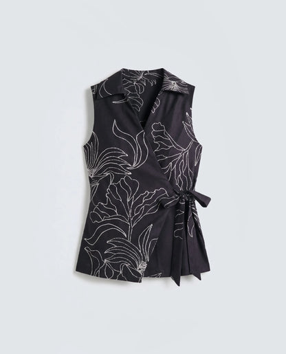 Rareism Women's Vanfu Black Polyester Sleeveless Regular Fit Floral Print Top