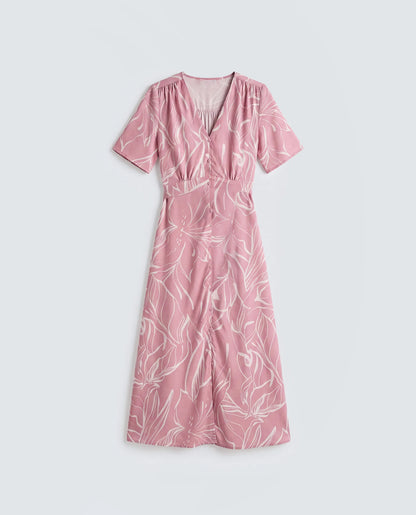 Rareism Women's Vatah Pink Viscose V-Neck A-Line Floral Print Dress