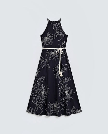 Rareism Women's Veana Black Viscose Sleeveless A-Line Floral Print Dress
