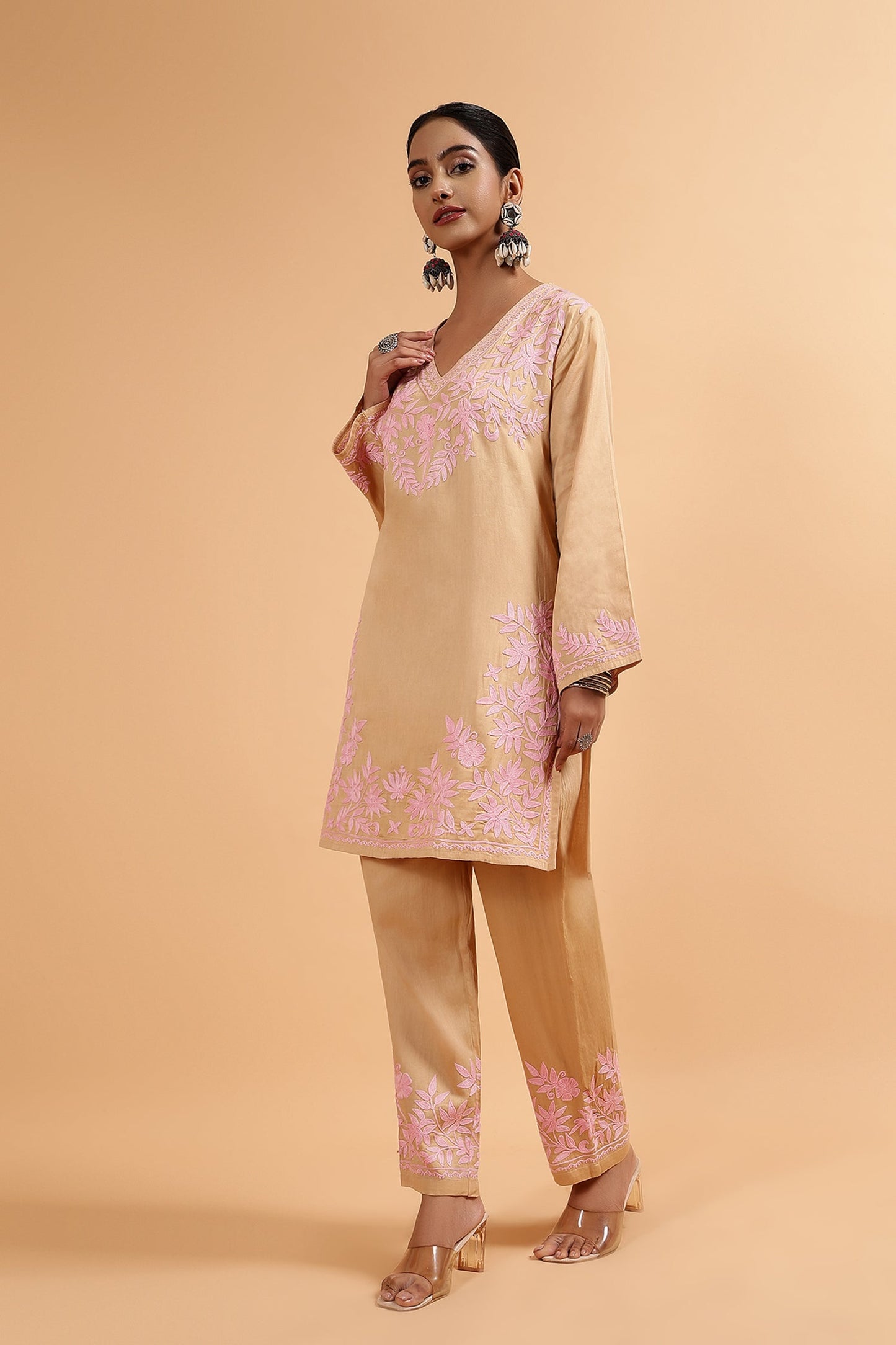 Beige Cotton Silk Kashmiri Aari Kurta Set with Pink Floral Embroidery
