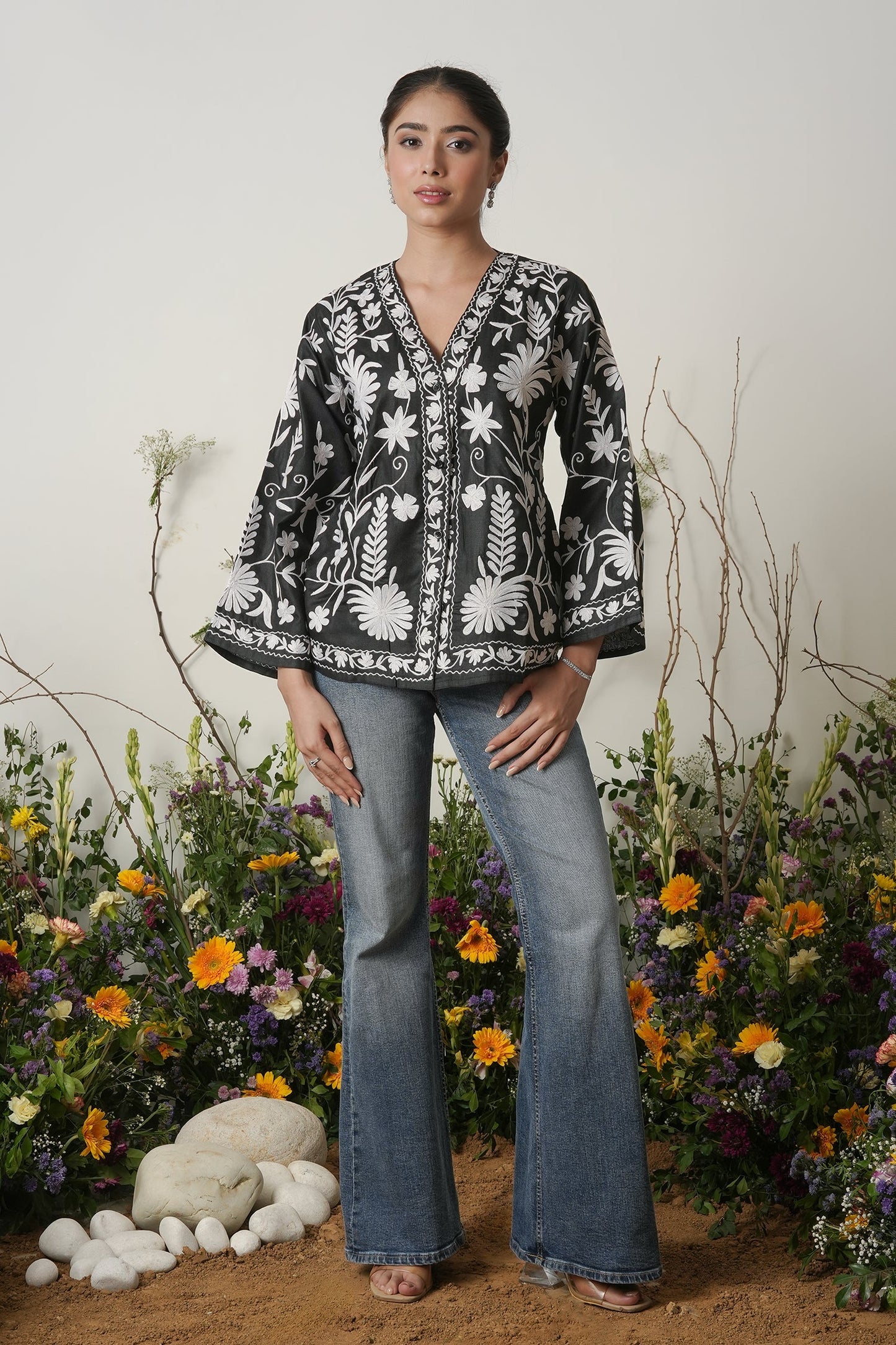 Kashmiri Jacket With Aari Work Cotton  – Black