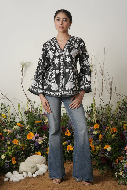 Kashmiri Jacket With Aari Work Cotton  – Black