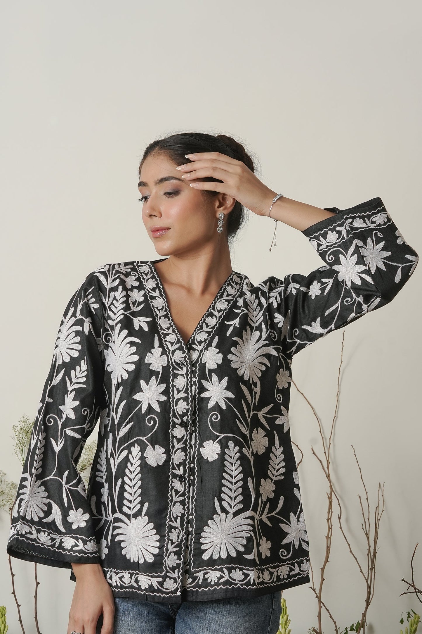 Kashmiri Jacket With Aari Work Cotton  – Black