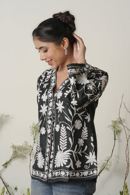 Kashmiri Jacket With Aari Work Cotton  – Black