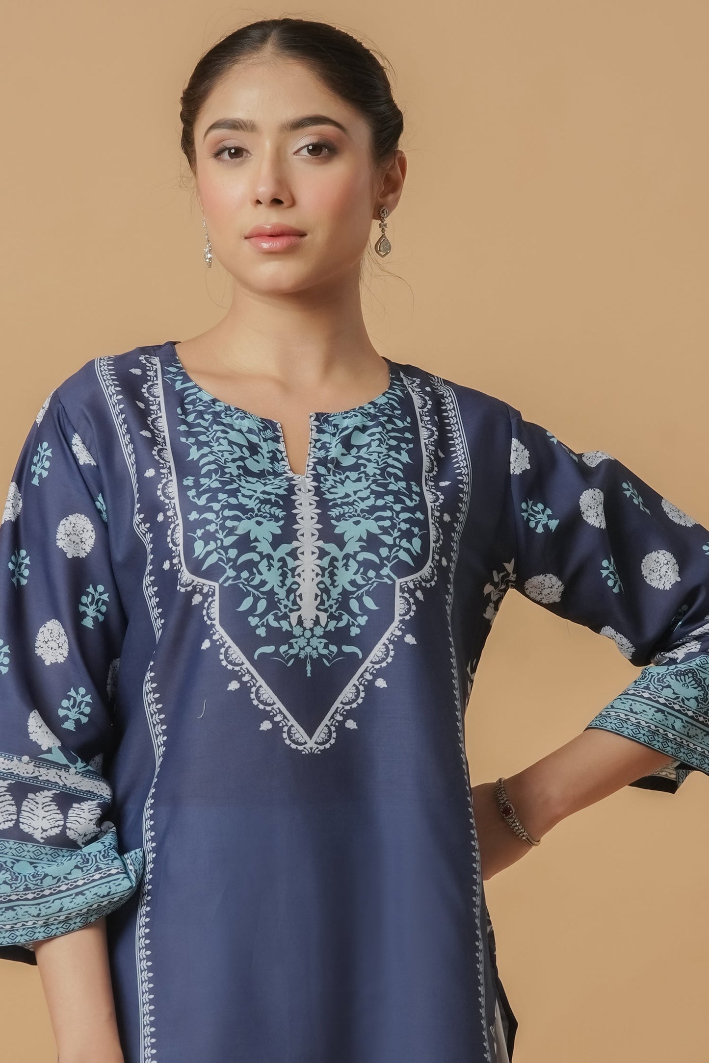 Arpita in Lawn Cotton Printkari Co-ord Set - Navy Blue & White With Straight pant