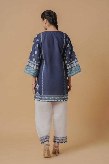 Arpita in Lawn Cotton Printkari Co-ord Set - Navy Blue & White With Straight pant
