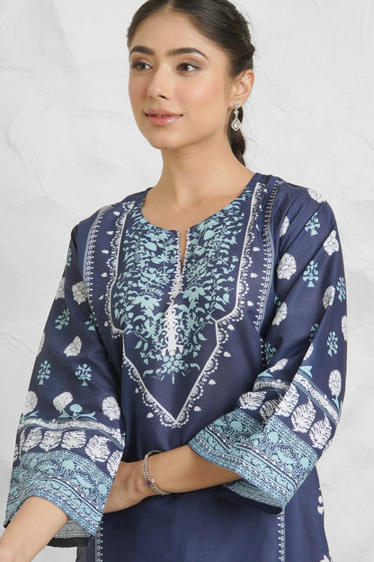 Arpita in Lawn Cotton Printkari Co-ord Set - Navy Blue & White With Straight pant
