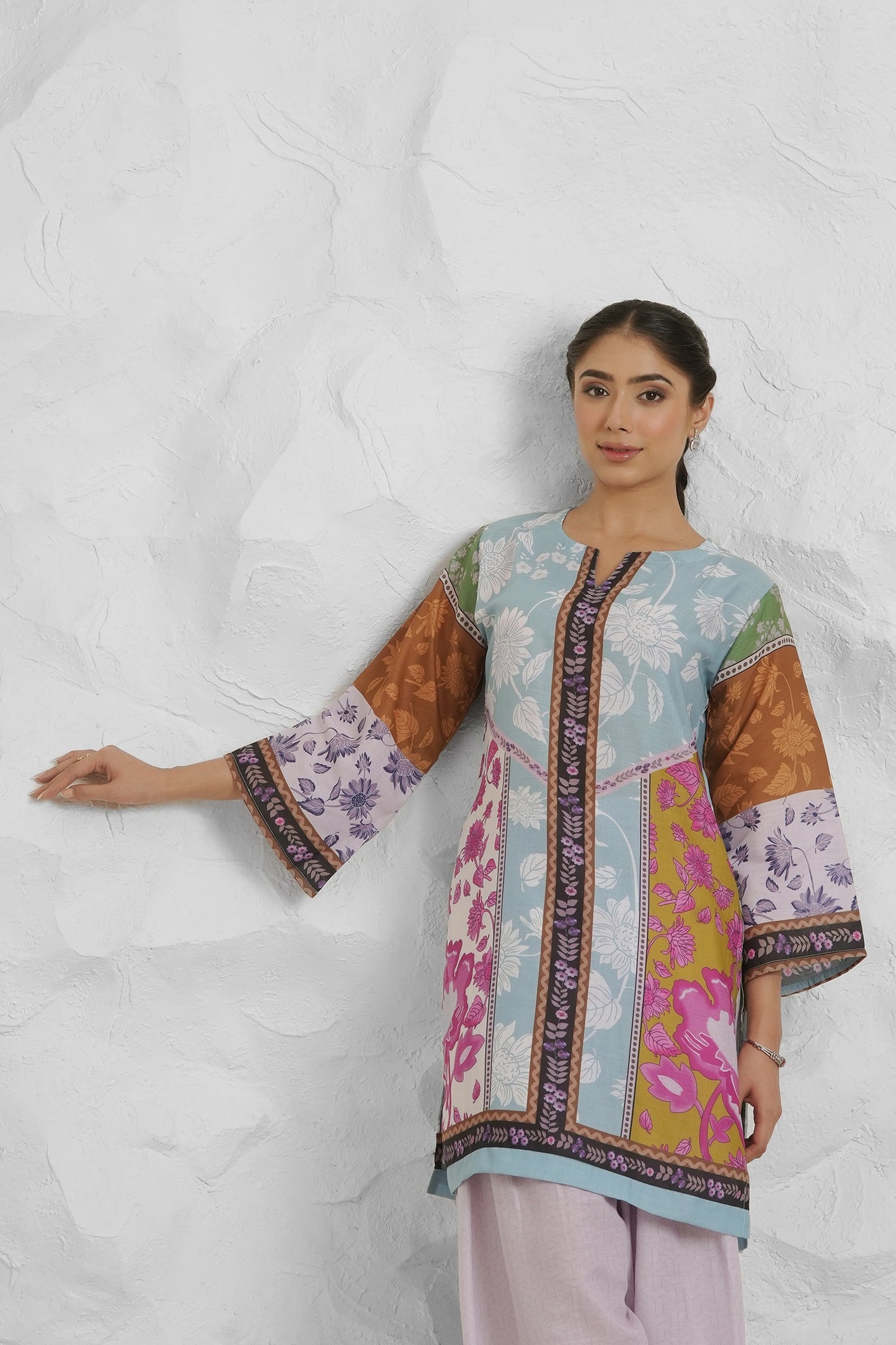 Lawn Cotton Co-ord Set - Multicolor with Bold Floral Print with Farsi Pant