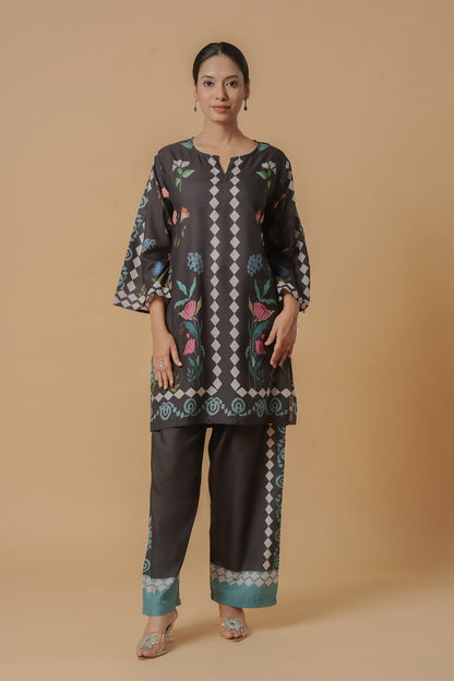 Mauli in Lawn Cotton Printkari Co-ord Set  - Black Print With Straight pant