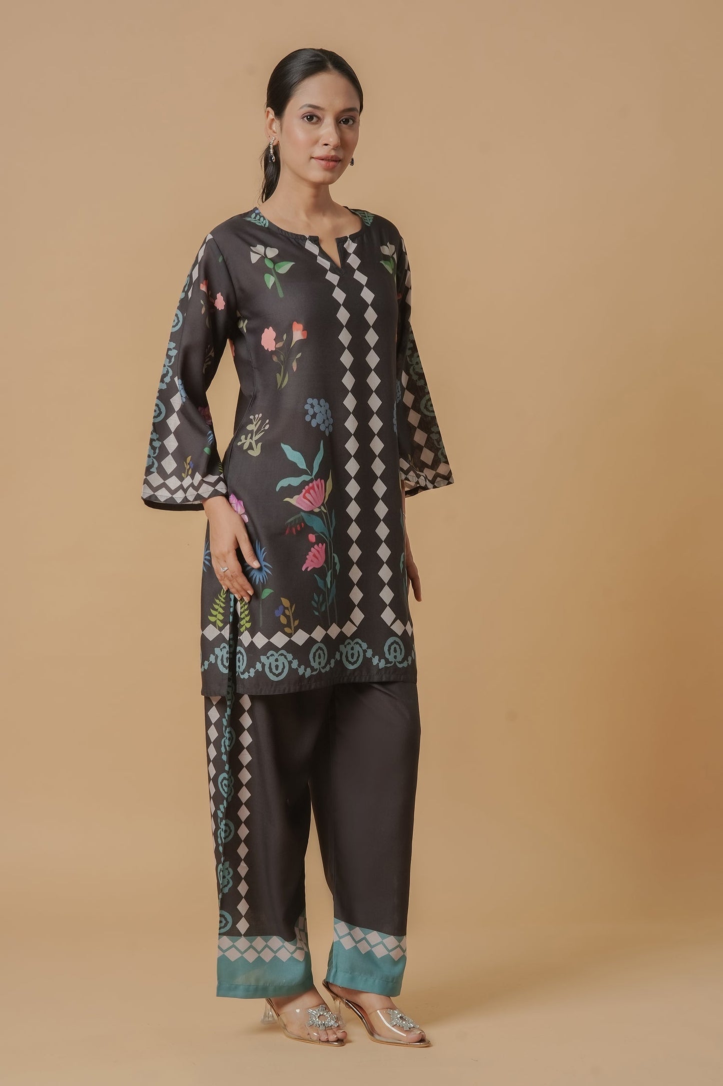Mauli in Lawn Cotton Printkari Co-ord Set  - Black Print With Straight pant