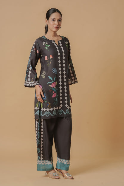 Mauli in Lawn Cotton Printkari Co-ord Set  - Black Print With Straight pant