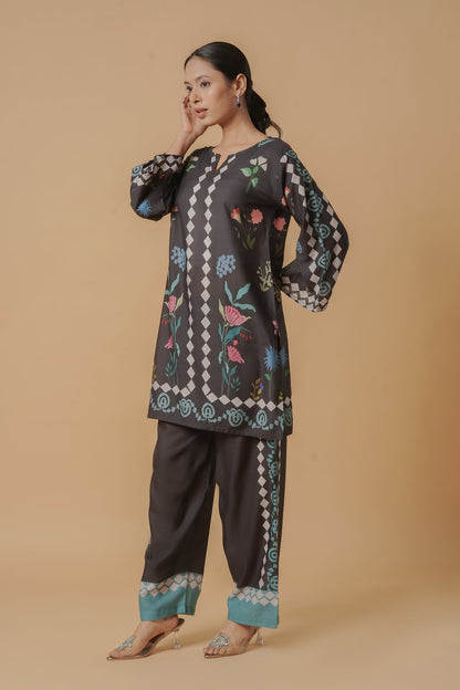 Mauli in Lawn Cotton Printkari Co-ord Set  - Black Print With Straight pant