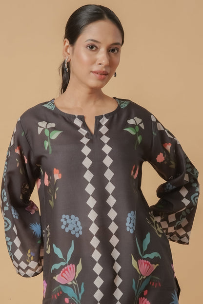 Mauli in Lawn Cotton Printkari Co-ord Set  - Black Print With Straight pant