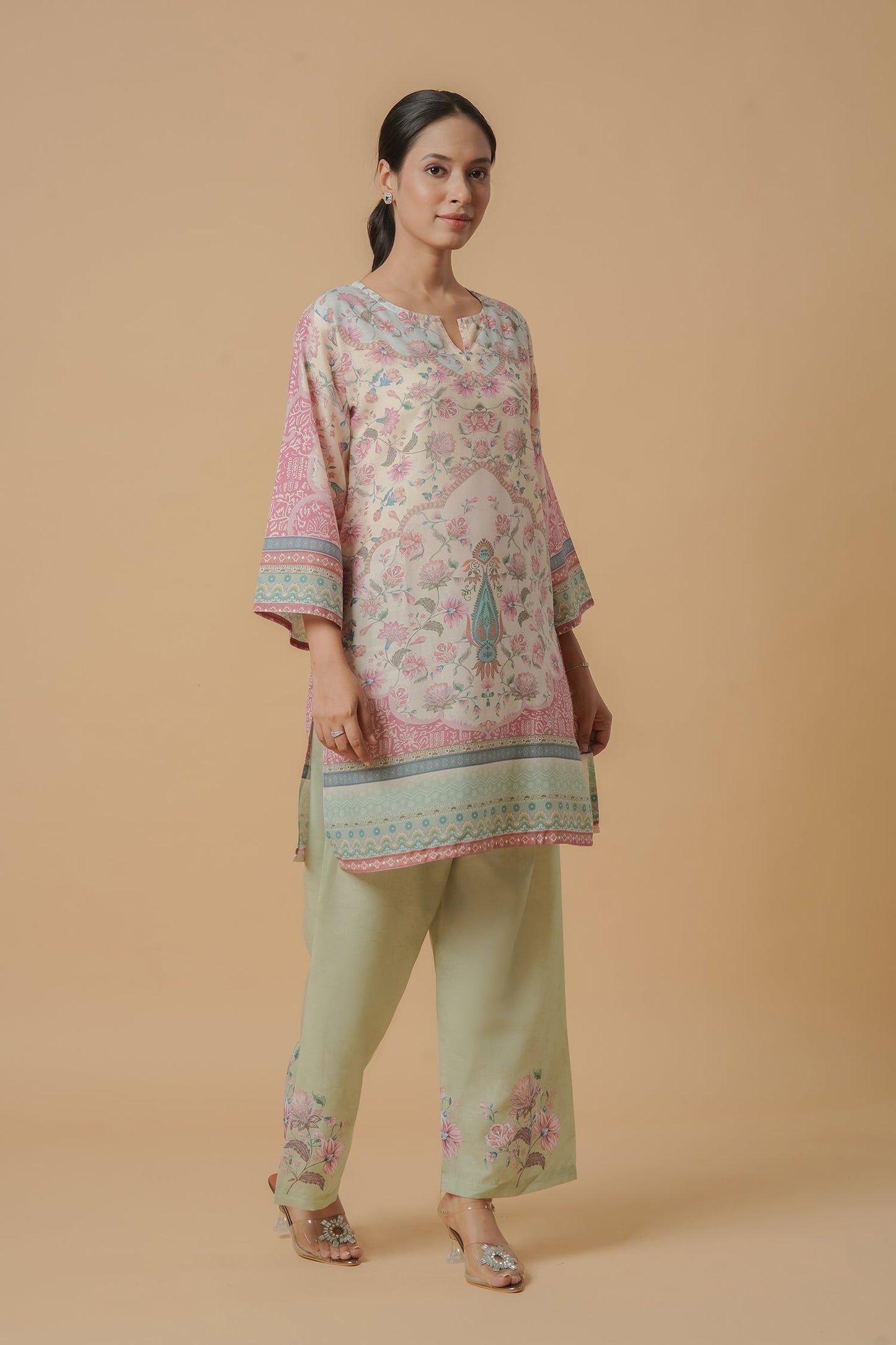 Lawn Cotton Printkari Co-ord Set – Ivory Pastel Floral with Straight Pant