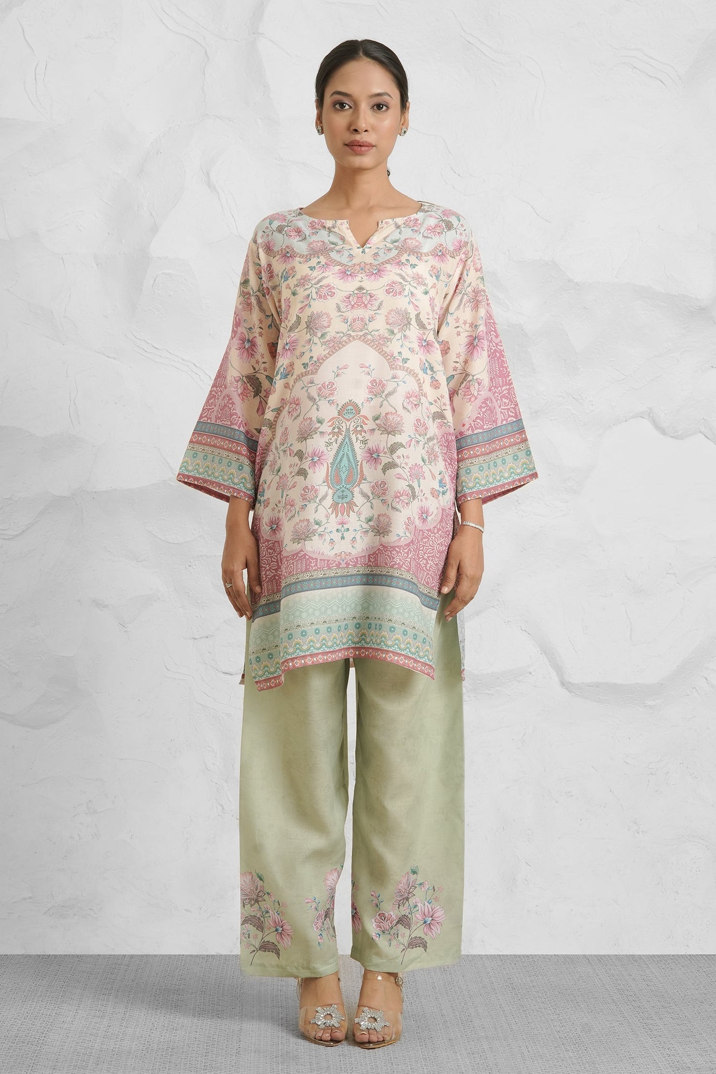 Lawn Cotton Printkari Co-ord Set – Ivory Pastel Floral with Straight Pant