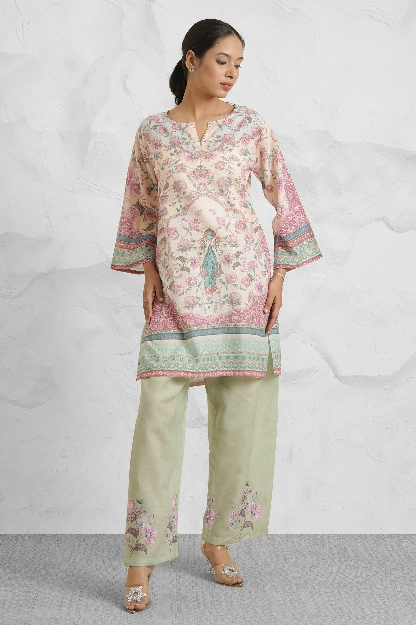 Lawn Cotton Printkari Co-ord Set – Ivory Pastel Floral with Straight Pant