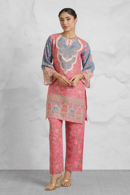 Lawn Cotton Printkari Co-ord Set – Pink Blue With Straight pant