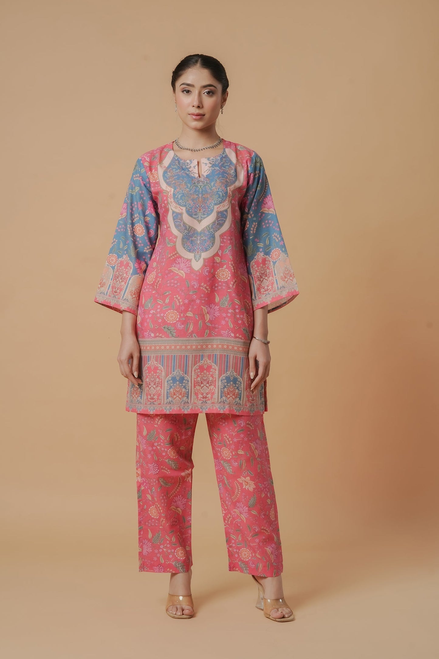 Lawn Cotton Printkari Co-ord Set – Pink Blue With Straight pant
