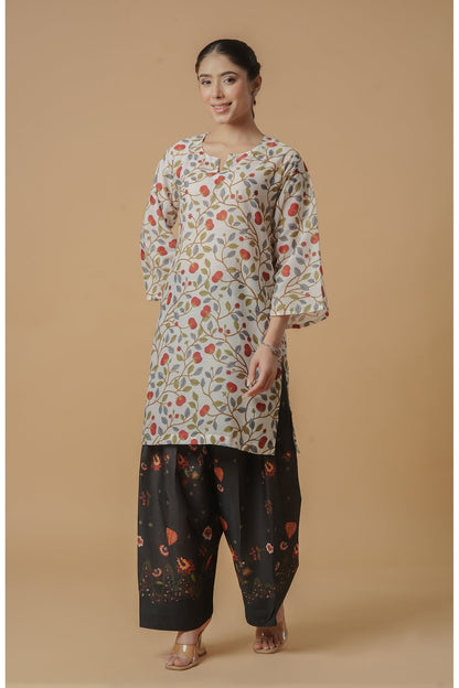 Lawn Cotton Printkari Co-ord Set – Cream Black with Farsi Pant