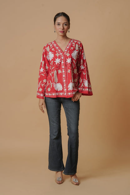 Kashmiri Jacket With Aari Work Cotton  – Red