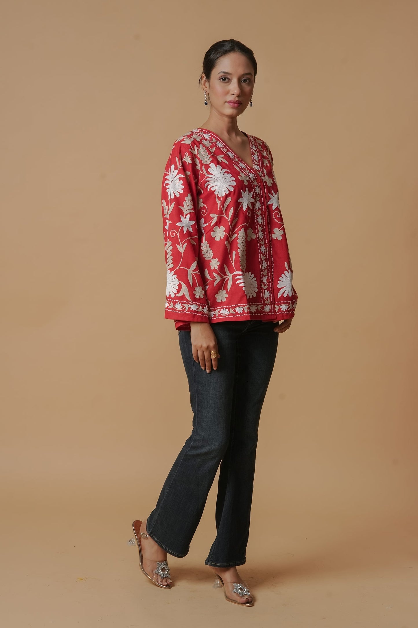 Kashmiri Jacket With Aari Work Cotton  – Red