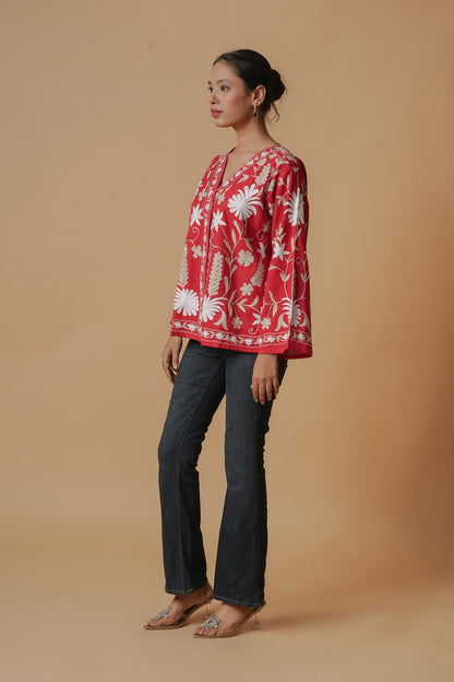 Kashmiri Jacket With Aari Work Cotton  – Red