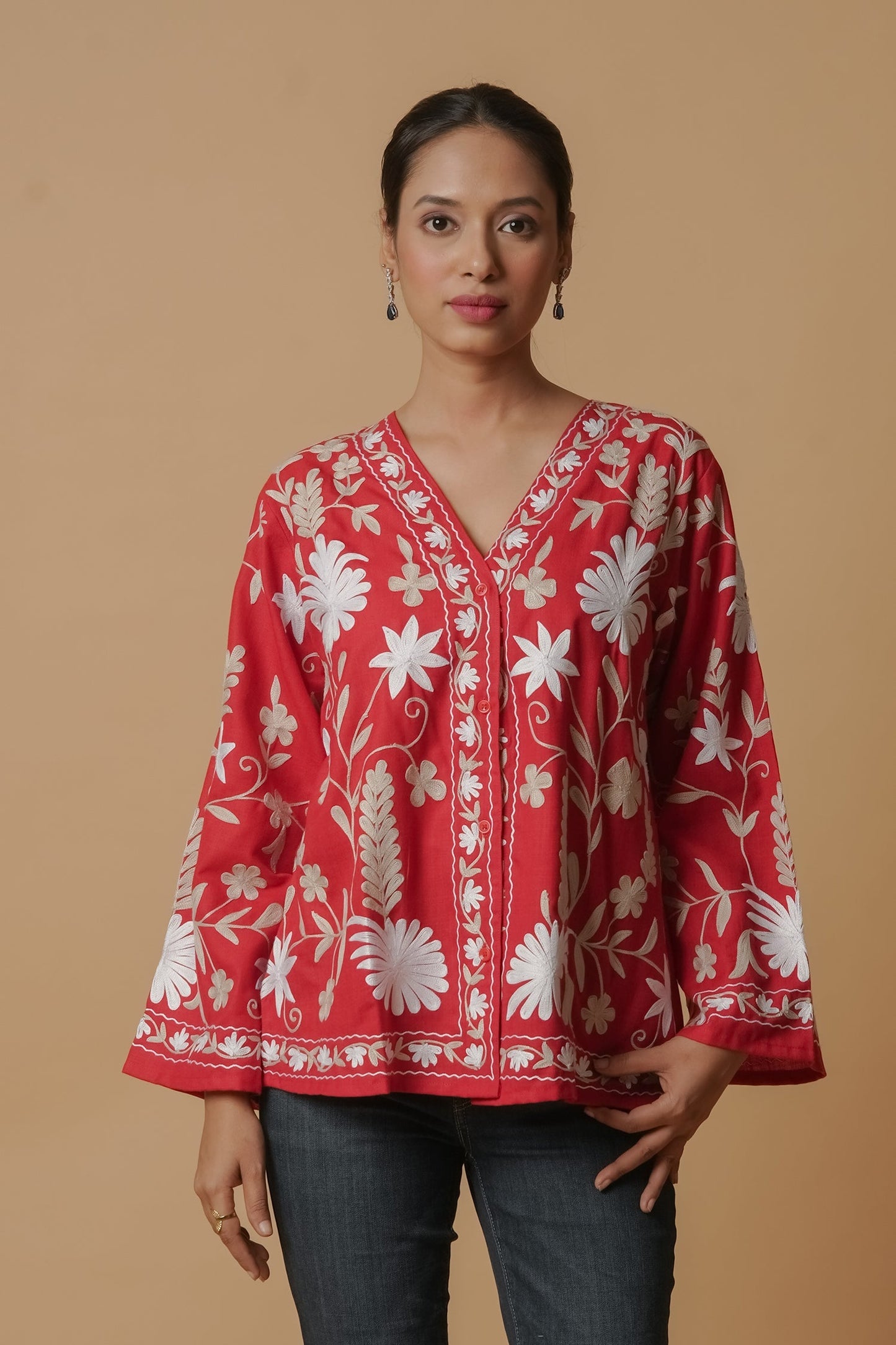 Kashmiri Jacket With Aari Work Cotton  – Red