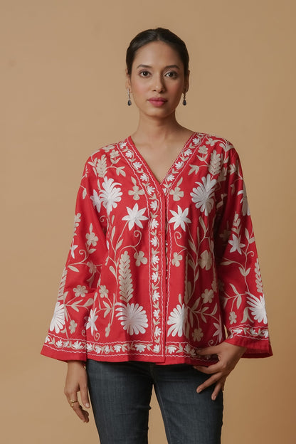 Kashmiri Jacket With Aari Work Cotton  – Red