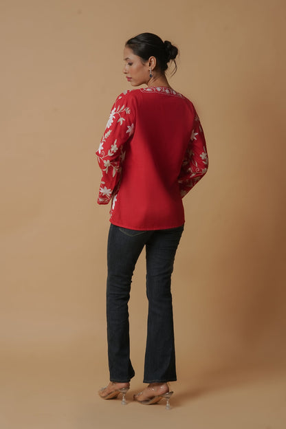 Kashmiri Jacket With Aari Work Cotton  – Red