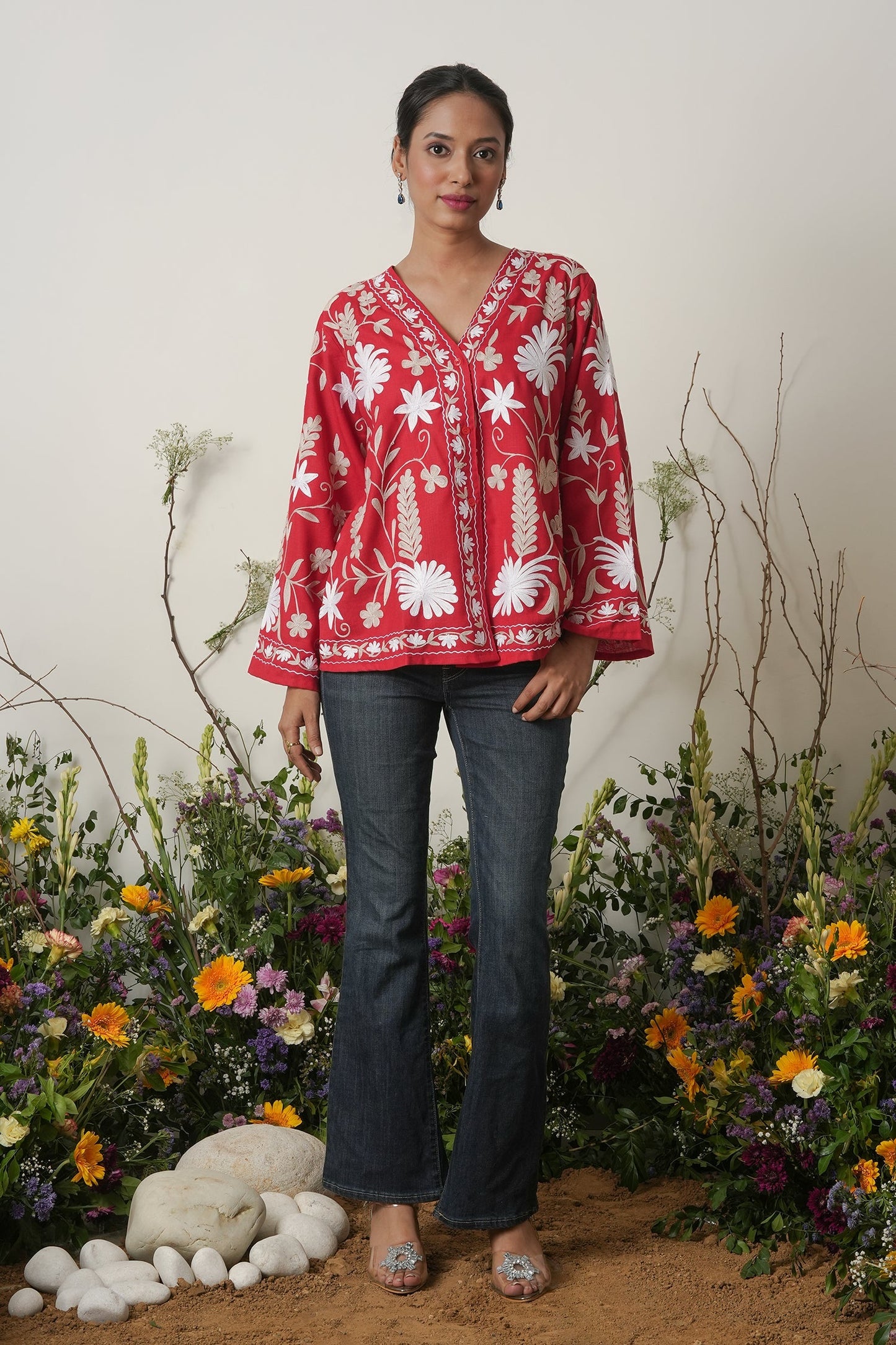 Kashmiri Jacket With Aari Work Cotton  – Red