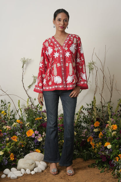 Kashmiri Jacket With Aari Work Cotton  – Red