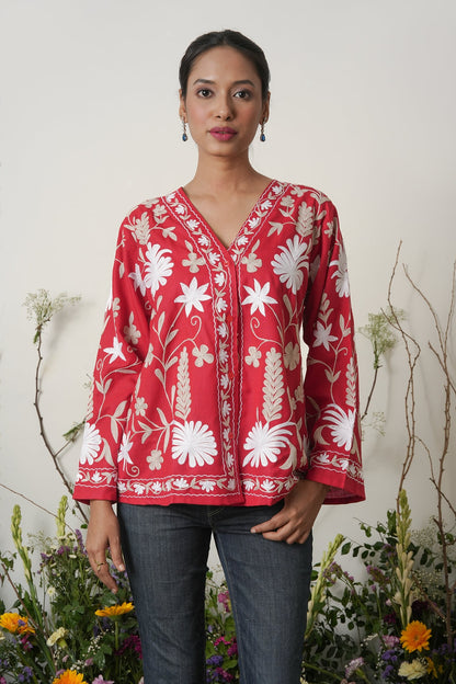 Kashmiri Jacket With Aari Work Cotton  – Red