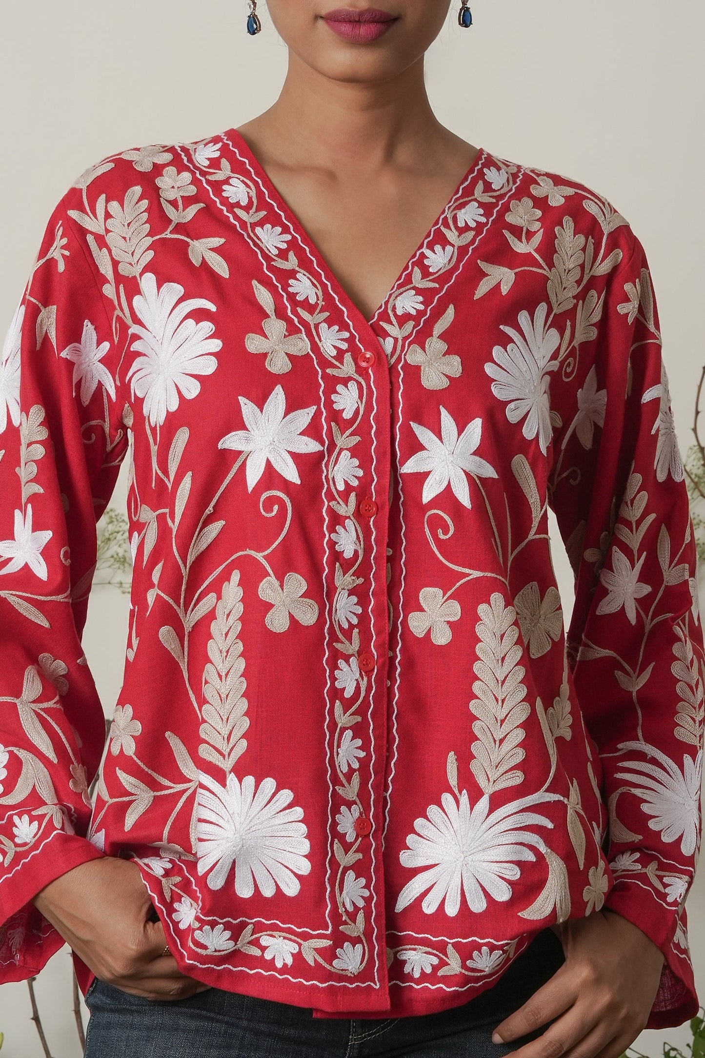 Kashmiri Jacket With Aari Work Cotton  – Red