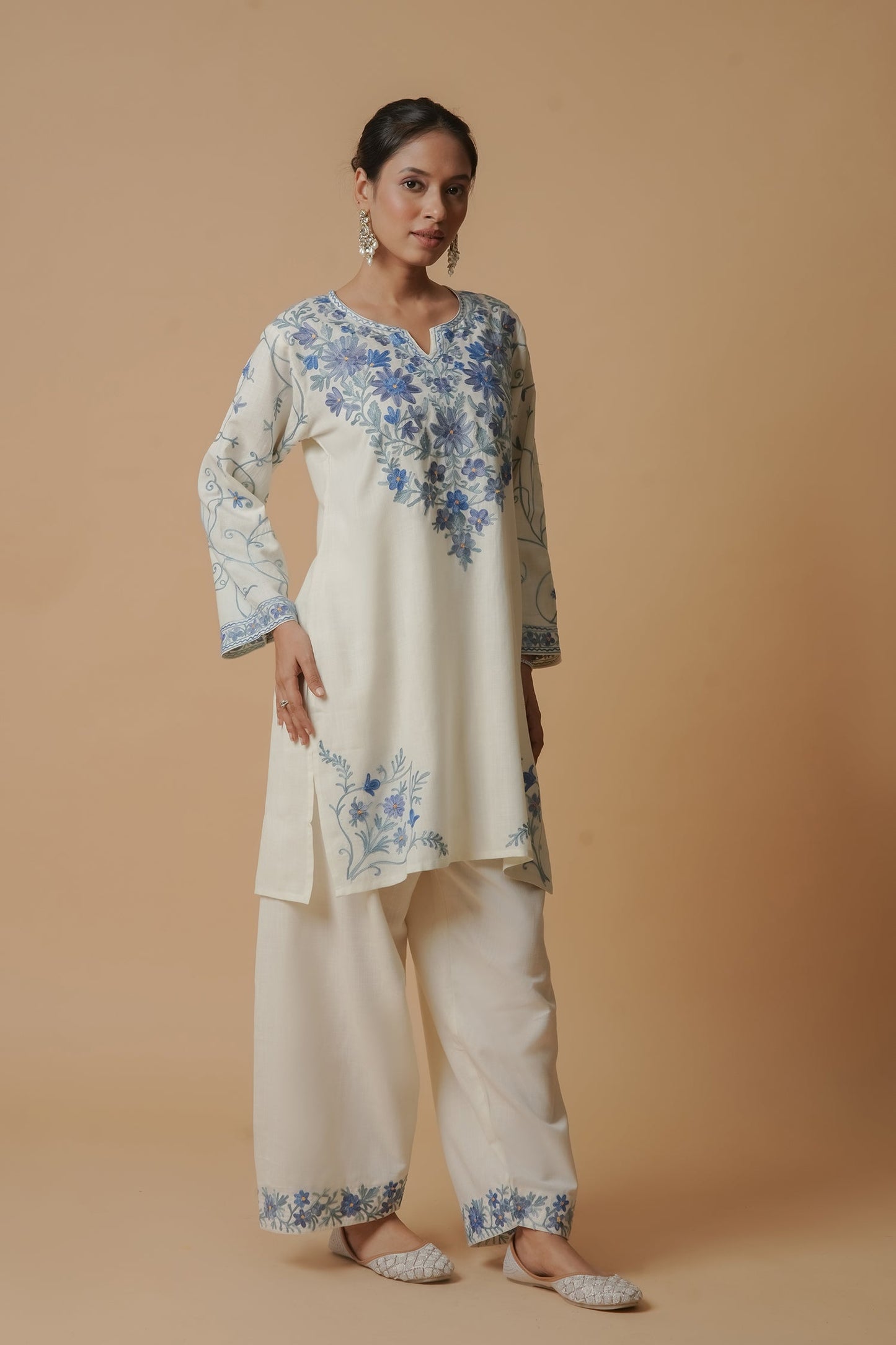 Shivani in Kashmiri Aari Work Cotton Kurta with Farsi Pant - White