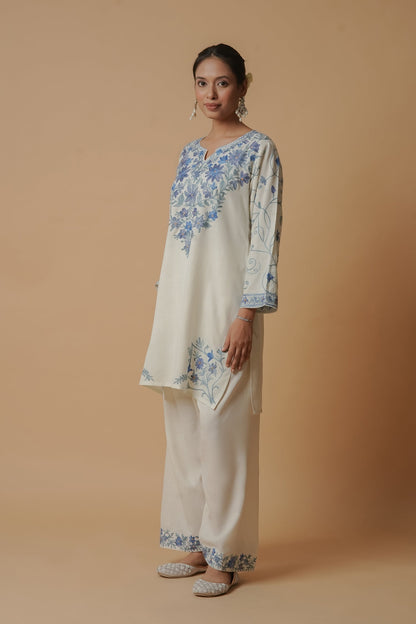 Shivani in Kashmiri Aari Work Cotton Kurta with Farsi Pant - White