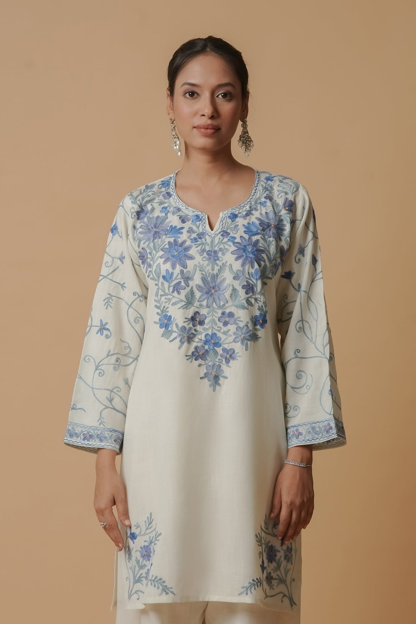 Shivani in Kashmiri Aari Work Cotton Kurta with Farsi Pant - White