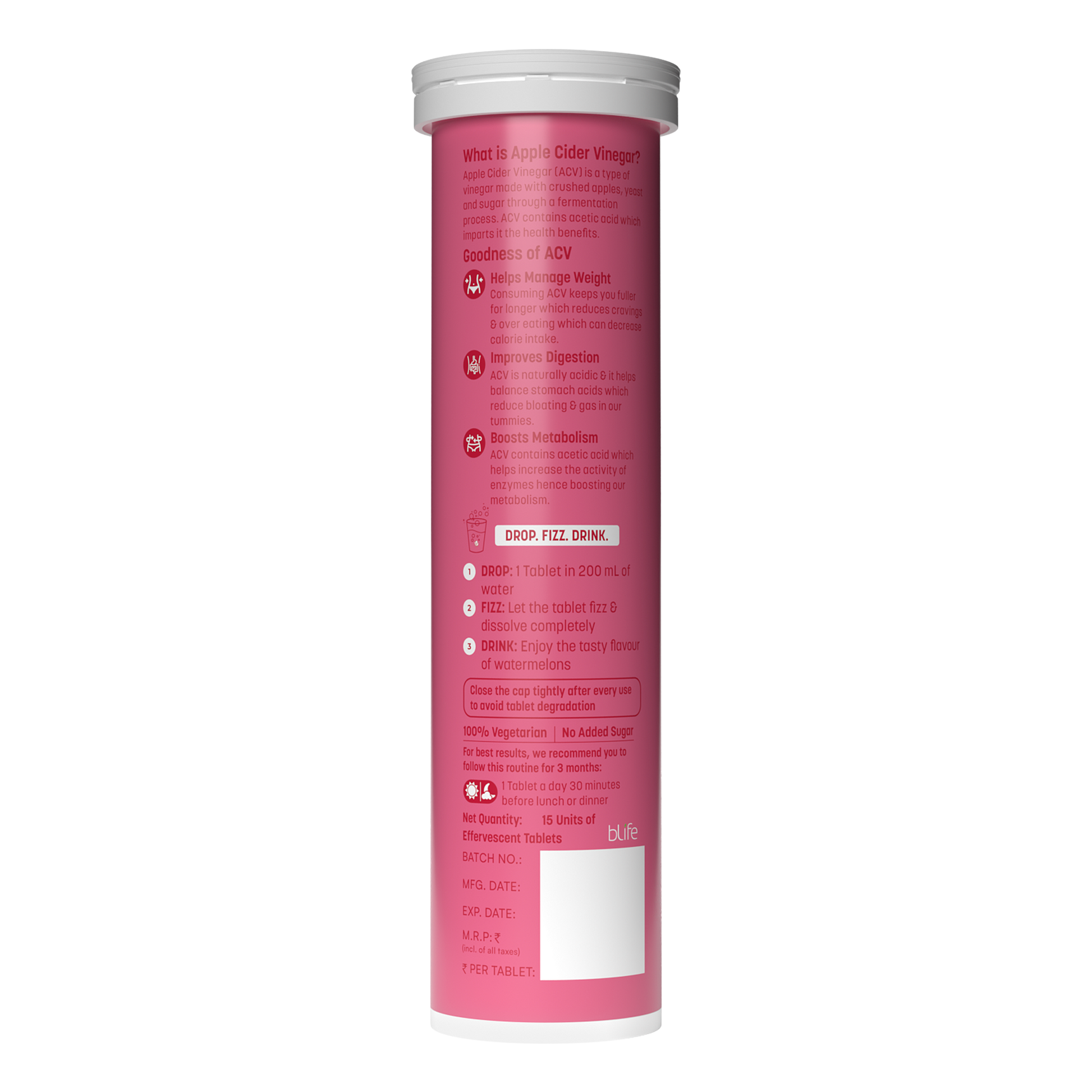 HealthKart HK VITALS Apple Cider Vinegar 750mg (Watermelon/Green Apple , 15 Effervescent Tablets) | HK Vitals at Broadway