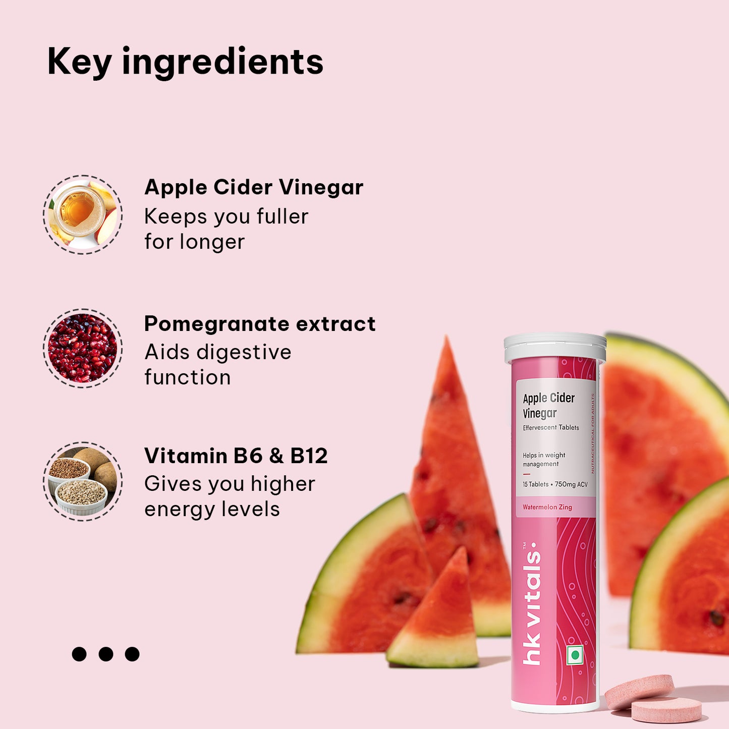 HealthKart HK VITALS Apple Cider Vinegar 750mg (Watermelon/Green Apple , 15 Effervescent Tablets) | HK Vitals at Broadway