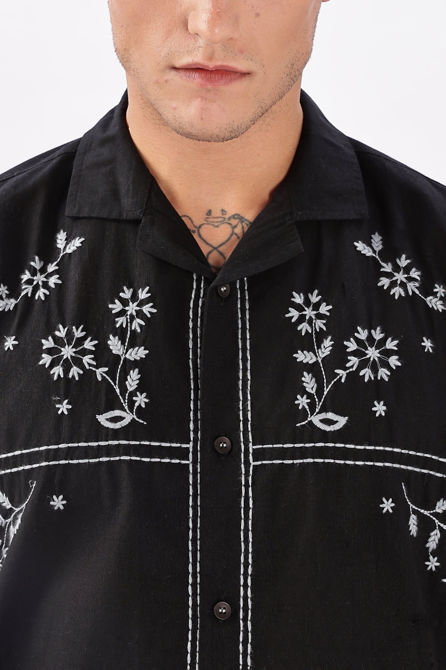 Lugo Black Embroidered Cuban Collar Shirt