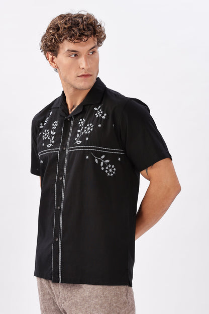 Lugo Black Embroidered Cuban Collar Shirt