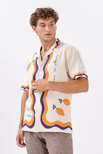 Retro Cuban Collar Shirt with Tangerine & Violet Waves | Hamptons at Broadway