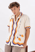 Retro Cuban Collar Shirt with Tangerine & Violet Waves | Hamptons at Broadway