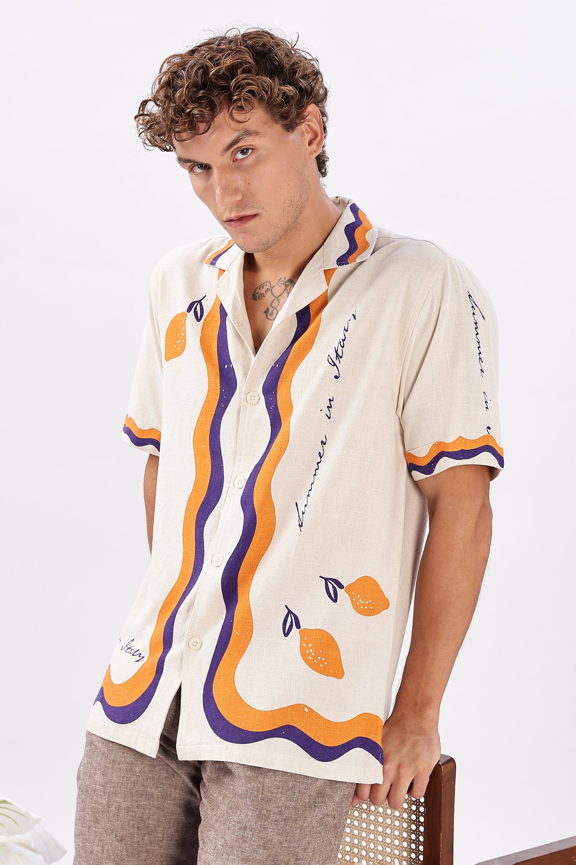 Retro Cuban Collar Shirt with Tangerine & Violet Waves | Hamptons at Broadway