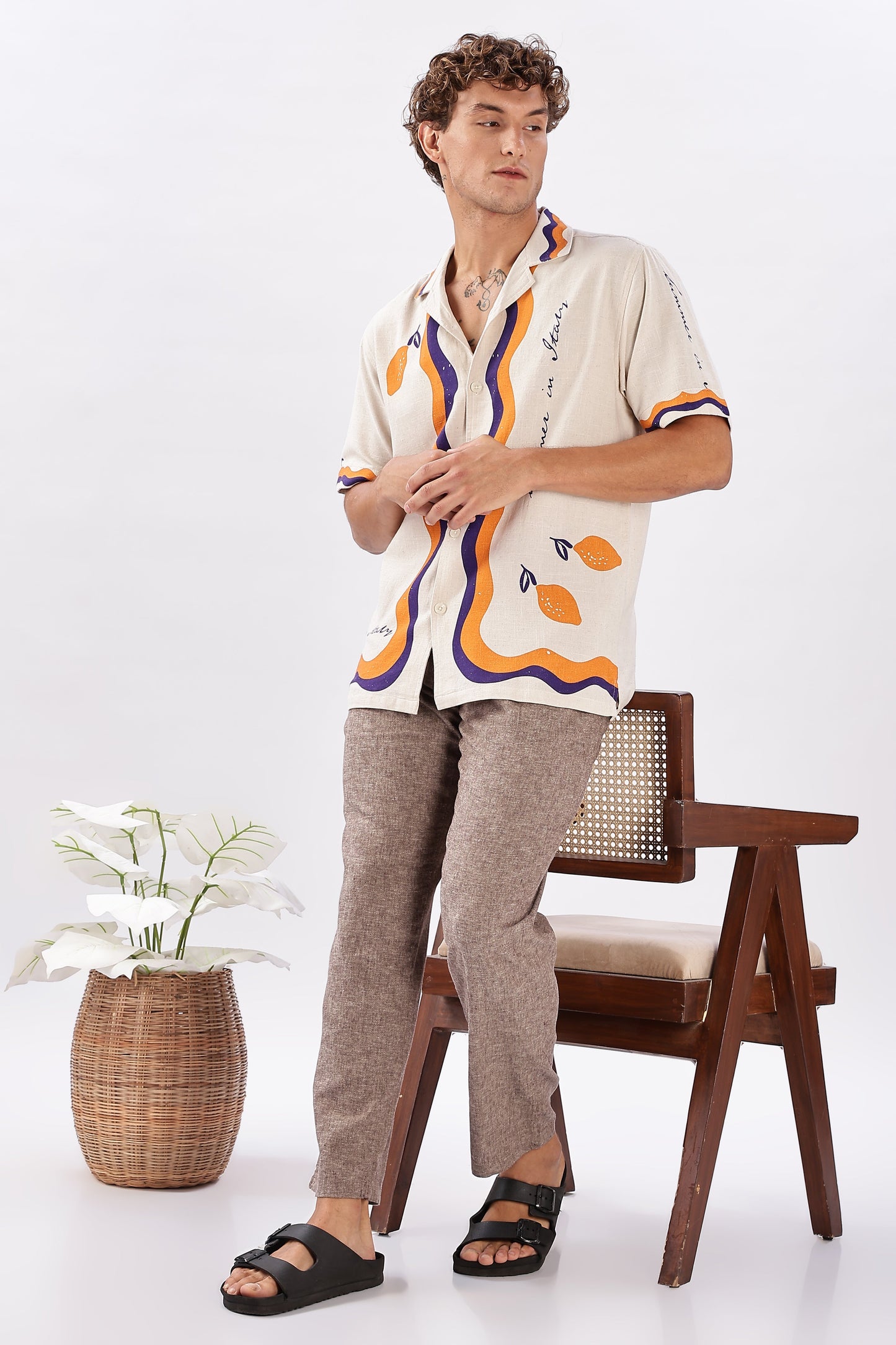 Retro Cuban Collar Shirt with Tangerine & Violet Waves | Hamptons at Broadway