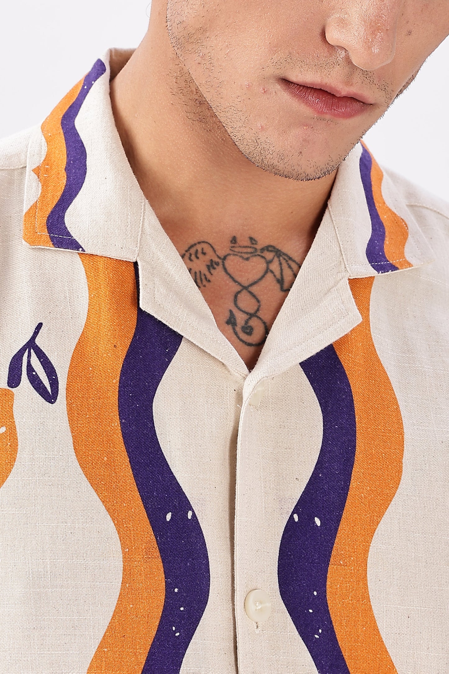 Retro Cuban Collar Shirt with Tangerine & Violet Waves | Hamptons at Broadway