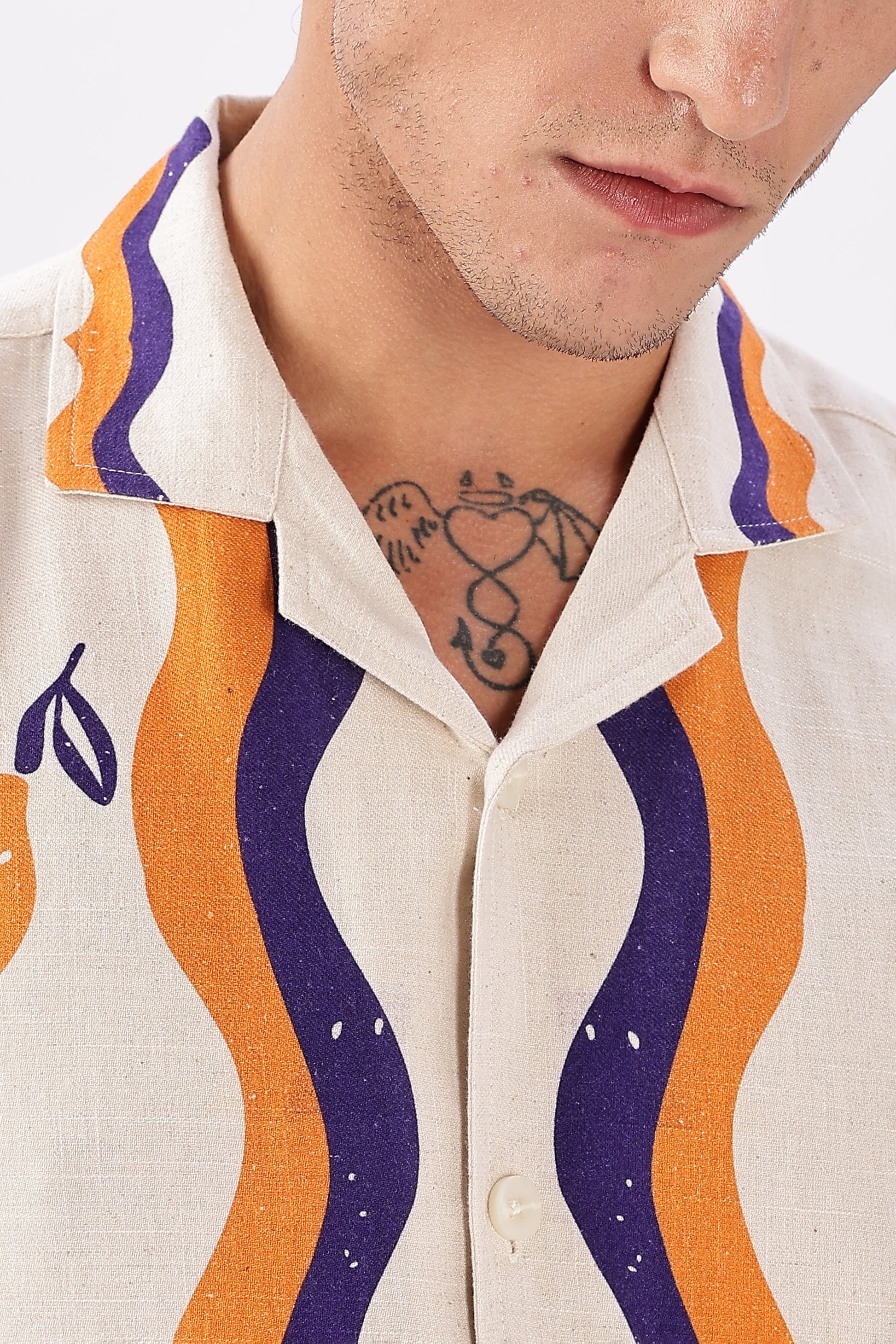 Retro Cuban Collar Shirt with Tangerine & Violet Waves | Hamptons at Broadway