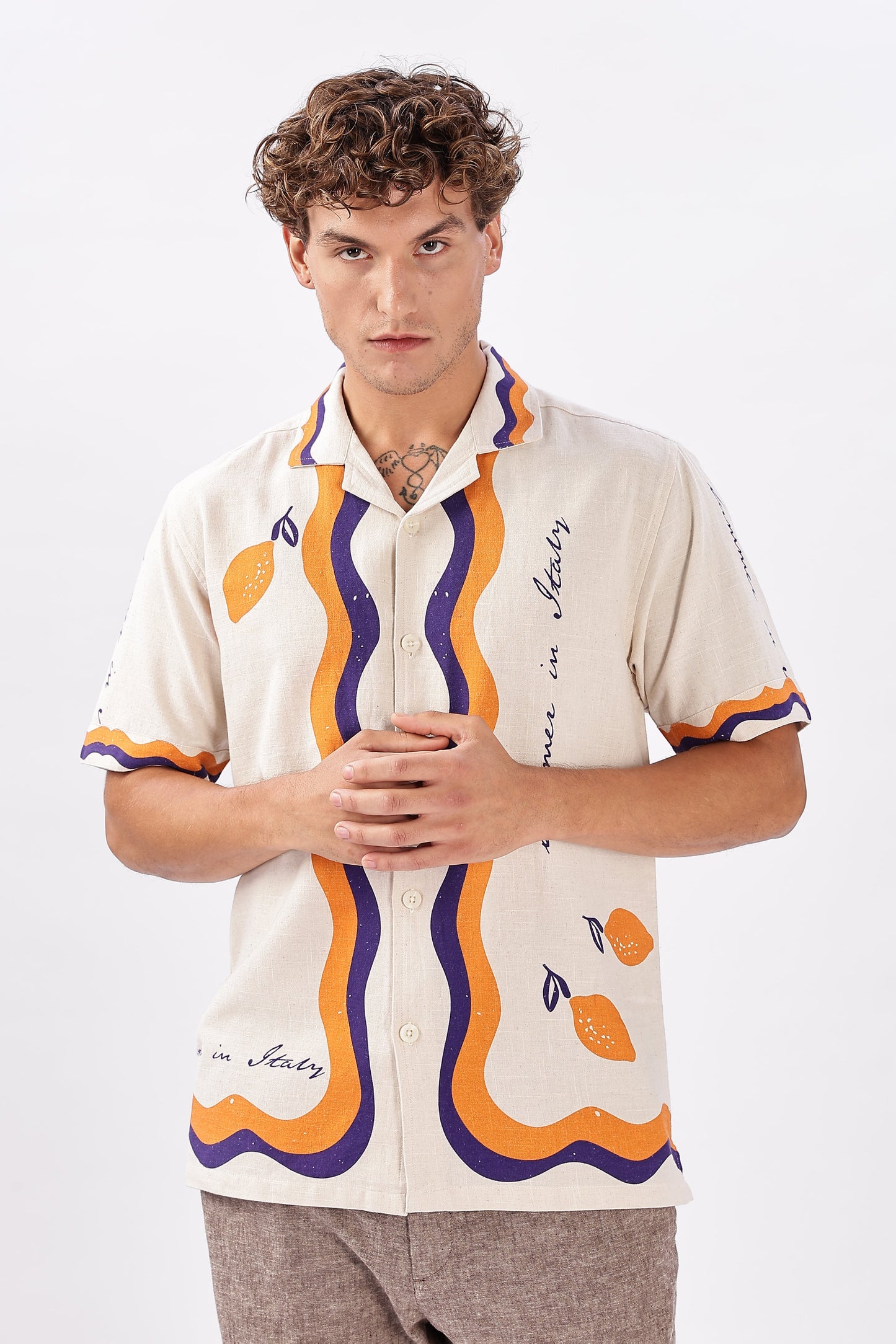 Retro Cuban Collar Shirt with Tangerine & Violet Waves | Hamptons at Broadway