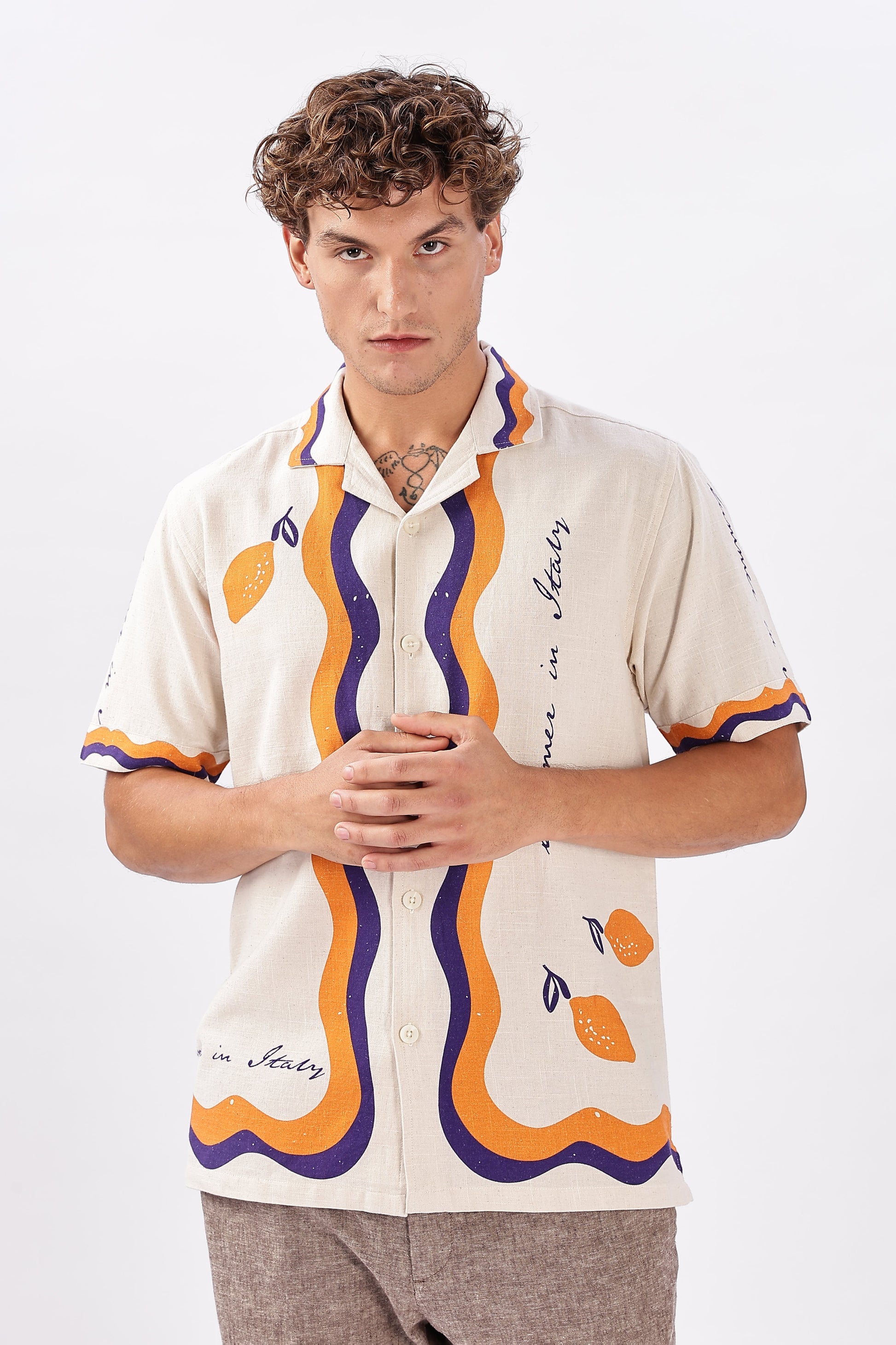 Retro Cuban Collar Shirt with Tangerine & Violet Waves | Hamptons at Broadway