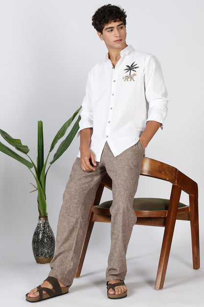 Mountains Vs Beaches 100% Cotton White Embroidery Shirt