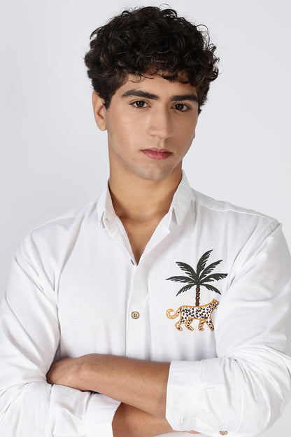 Mountains Vs Beaches 100% Cotton White Embroidery Shirt